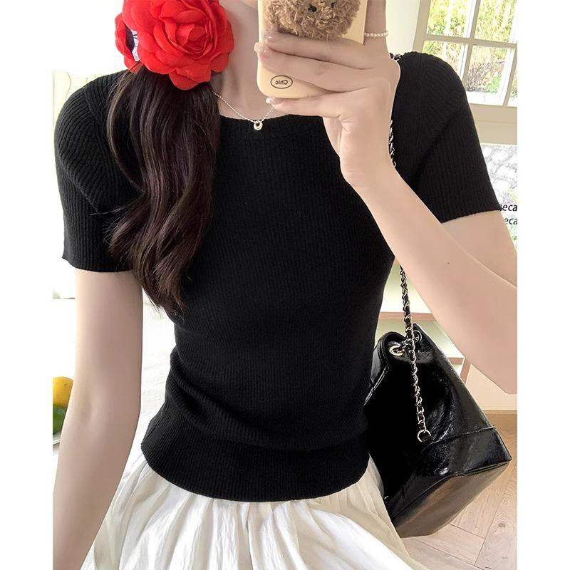 

Light blue summer new short-sleeved round neck right shoulder half-sleeved sweater thin T-shirt women s slim outer top One Size