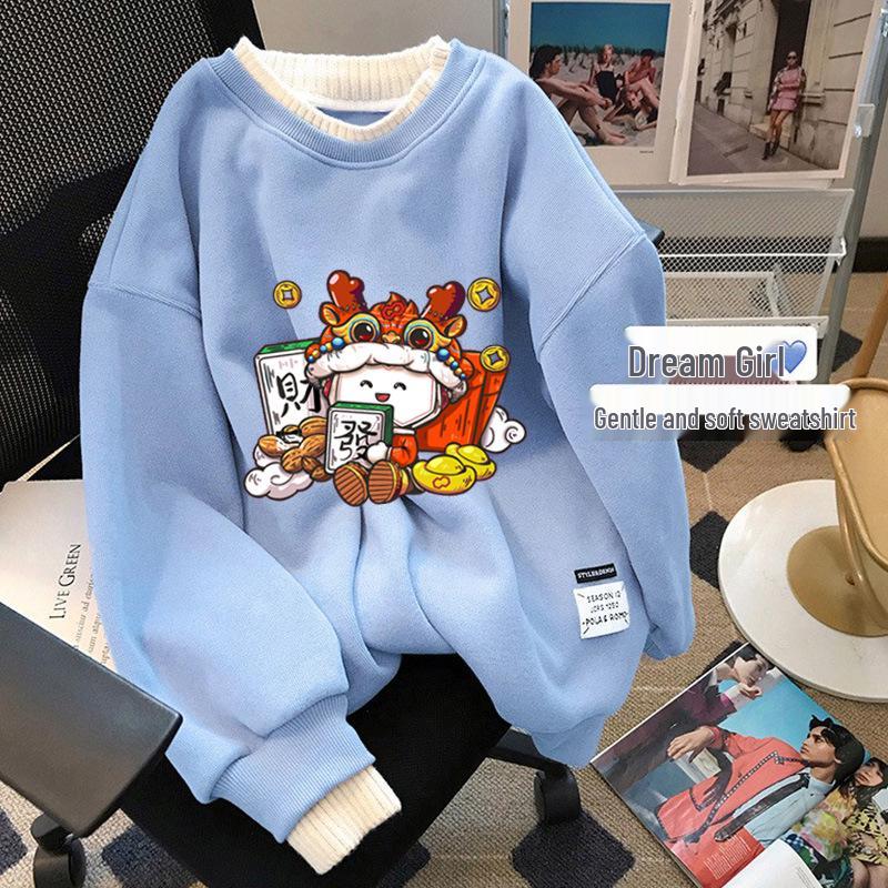 Women's Plus Size Red Round Neck Sweatshirt, Fleece-lined, Winter Layered Look, New Year Style