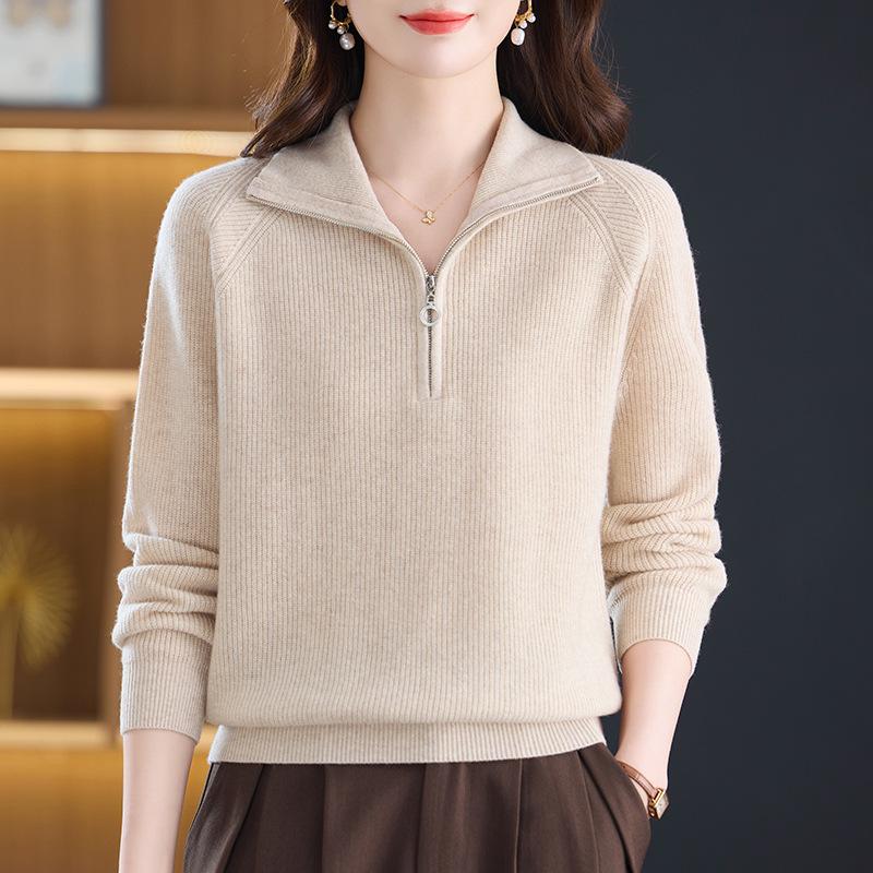 Women's Half-Zip Pure Wool Sweater - Autumn & Winter Warm, Loose Slimming Lapel Knitwear Top