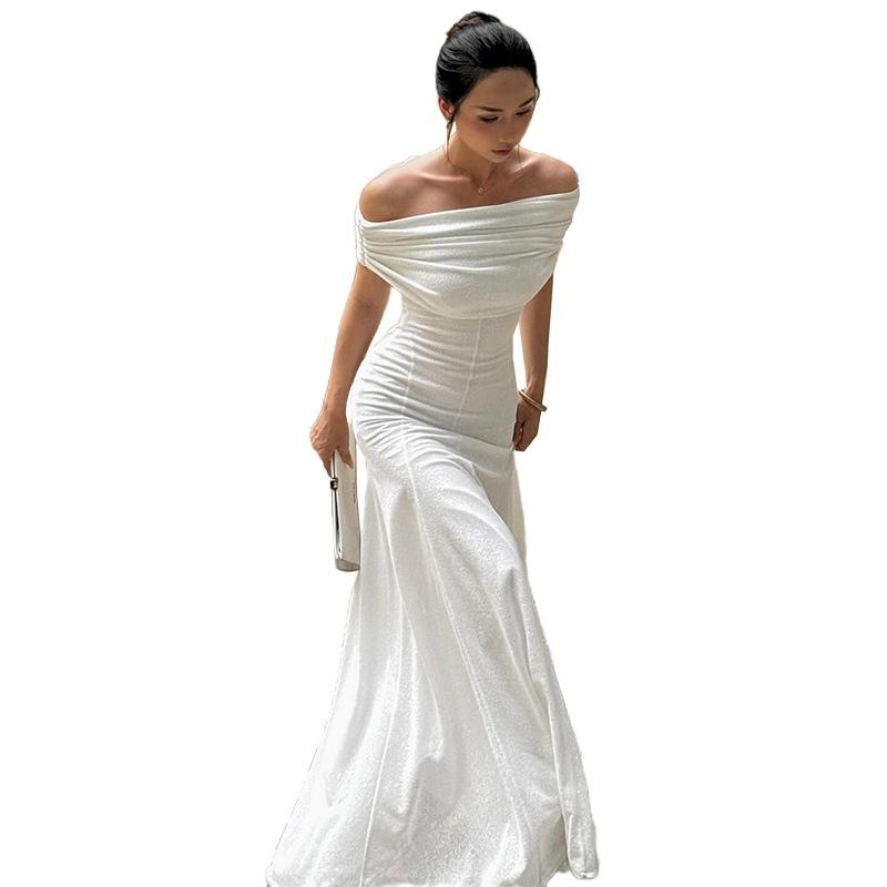 2026 European and American summer new sexy tube top pure desire waist temperament slim one-word shoulder dress long dress women