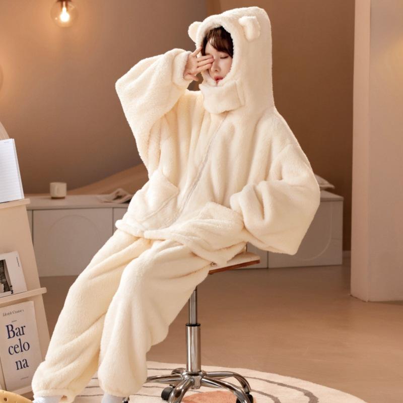 Winter Thick Warm Flannel Pajamas Set Women Casual Hooded Beige Black Casual Loungewear Female Velvet Homewear Pyjama
