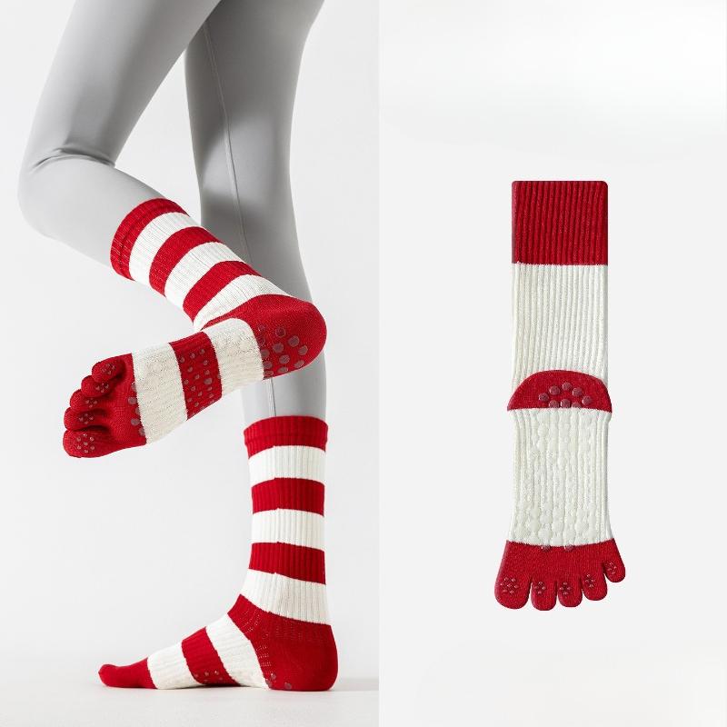 Five-finger Yoga Socks with Anti-slip Properties for Pilates Training Exercises. Red Striped Long Ankle Socks with Split Toes.