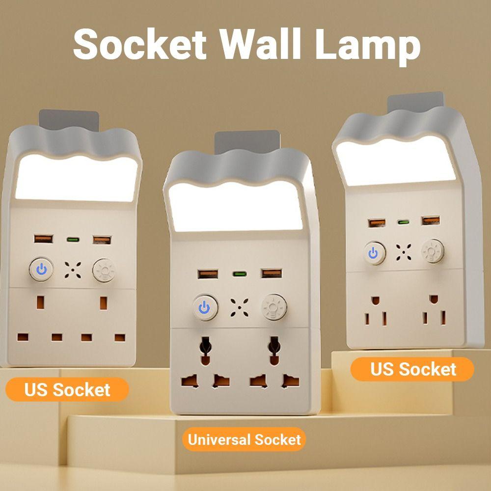 Universal Socket Night Light Socket Converter 1Type C & 2USB-A Warm White LED Socket Wall Lamp Square US/UK/EU Plug