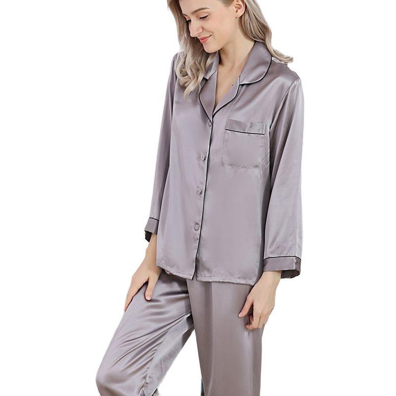 Birdtree  Silk Female Pajama Suits Long Top and Pant Silk Pajama Sets  Pijama Home Suit Autumn Spring