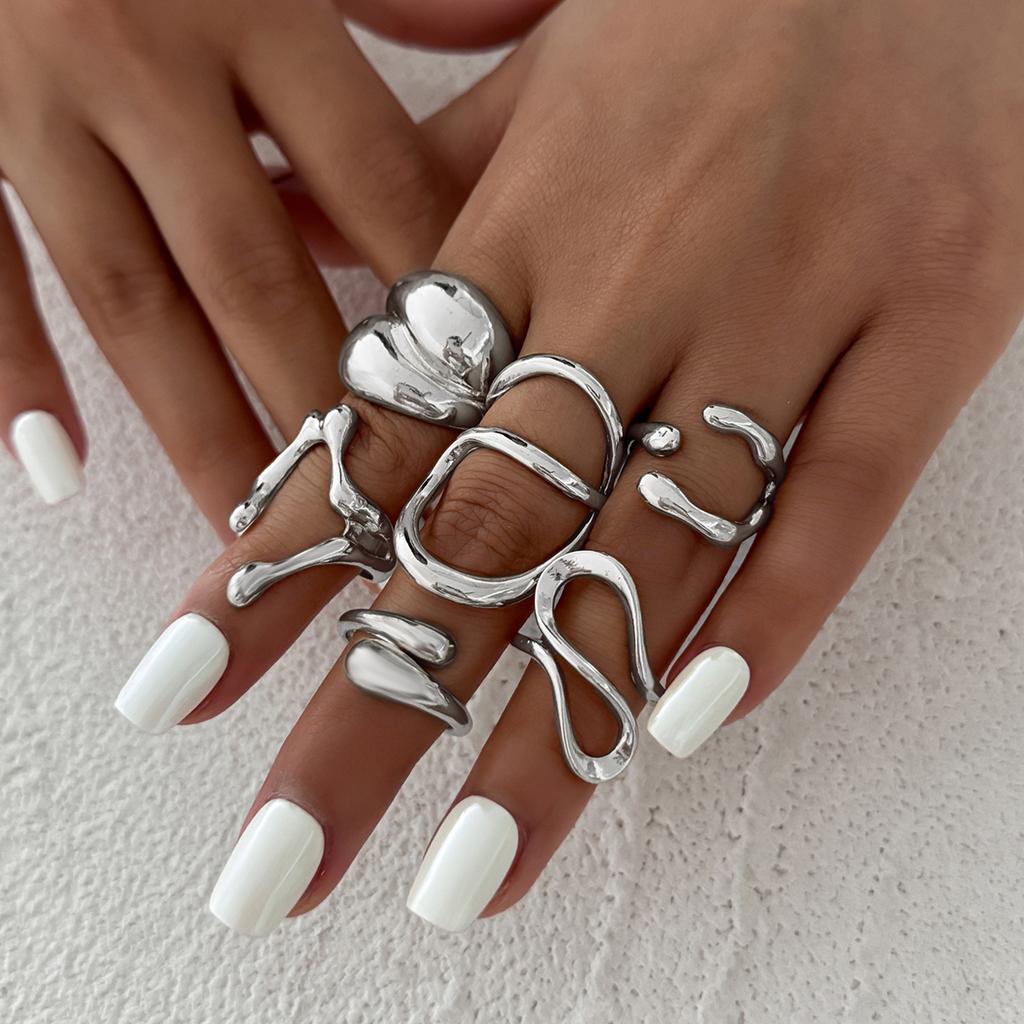 Salircon 6Pcs/set Vintage Irregular Gold Color Open Ring for Women Classic Geometry Smooth Metal Finger Ring Couple Jewelry Gift