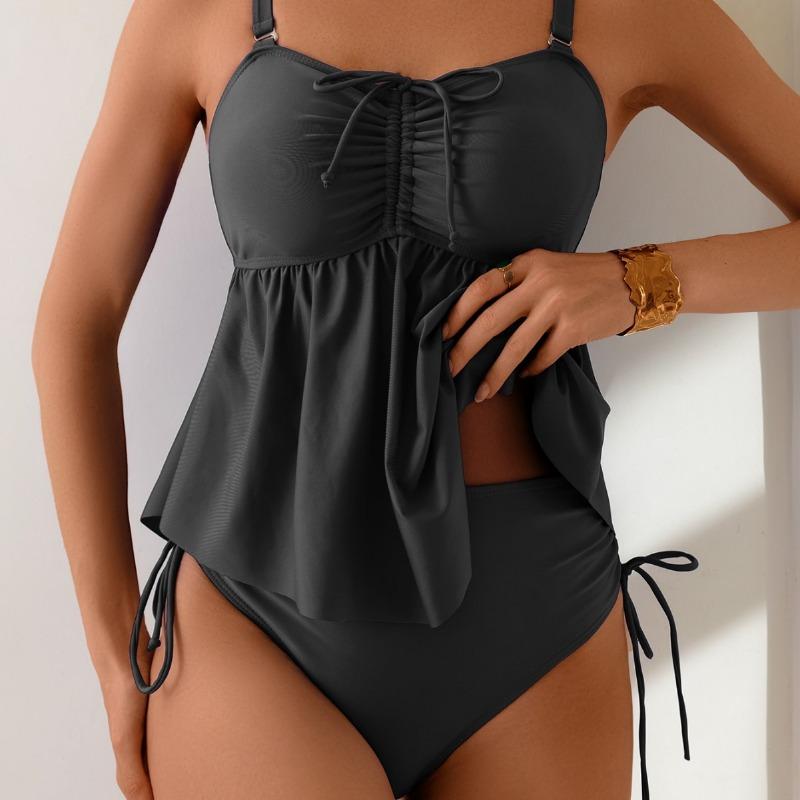 

Women s Bright Blue Ruffled Tankini Set Drawstring Ruched Two-Piece Swimsuit with Side Tie Bottoms S