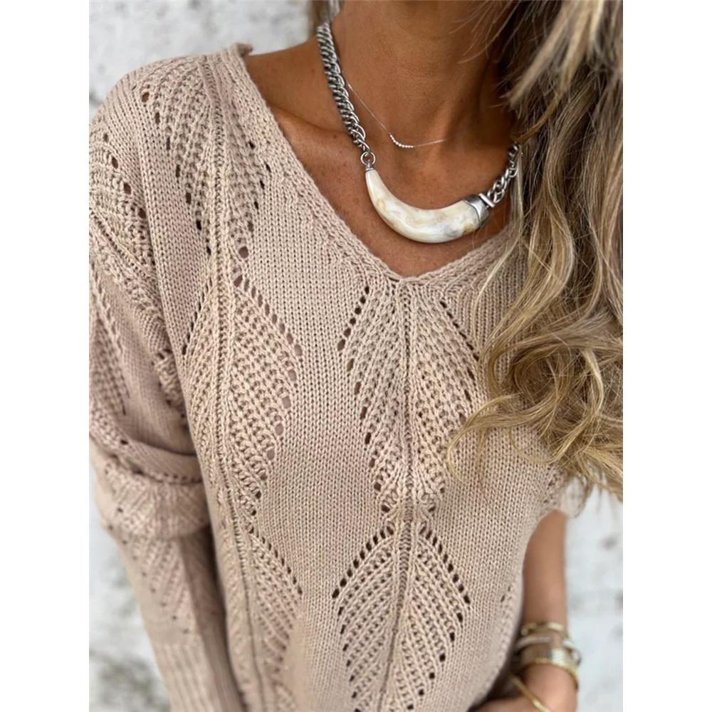 Women's long-sleeved V-neck hollow leaf pattern button knit sweater