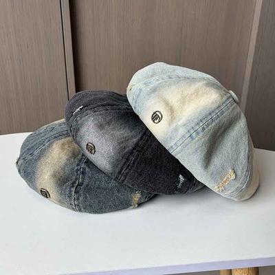 New Hole Washed Denim Beret Women Spring and Autumn New Internet Celebrity Retro Face Small Beret Versatile Casual