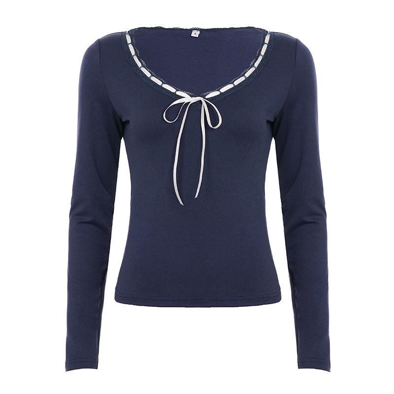 

Chic Lace Collar Knit Long Sleeve T-shirt with Bow Detail Medium синий