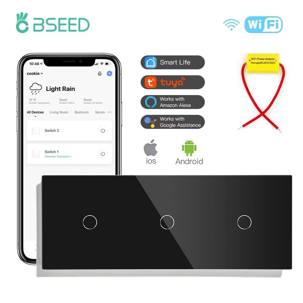 BSEED 1/2/3Gang Wifi Touch Light Switches Tuya Smart Life Alexa App With EU Sockets Power USB Ports Capacitor Included Black