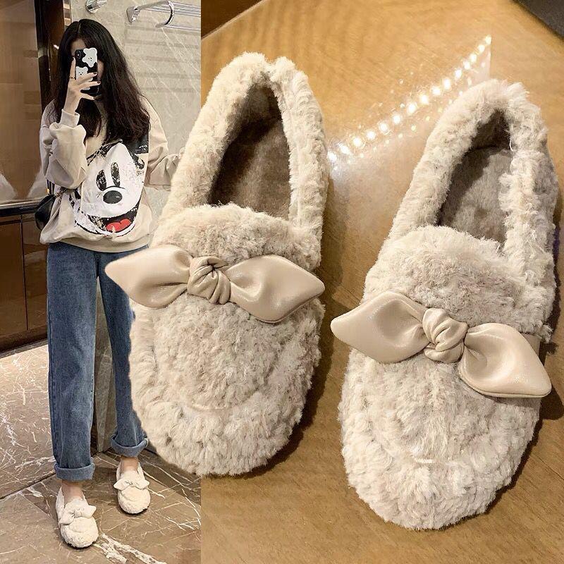 Mao Mao Doudou Shoes Women's New Autumn and Winter Outer Wear Velvet Flat-bottomed Versatile Bow Cotton Shoes Outer Wear Lazy Shoes