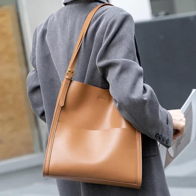 Ladies Soft Cowhide Tote Casual Bucket Handbags Girl Female Luxury Design Shoulder Bags Women‘s Natural Cow Real Leather Bag