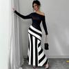AC719 Women's Black & White Digital Print Striped T-shirt Dress with Nine-Sleeve, European & American Style