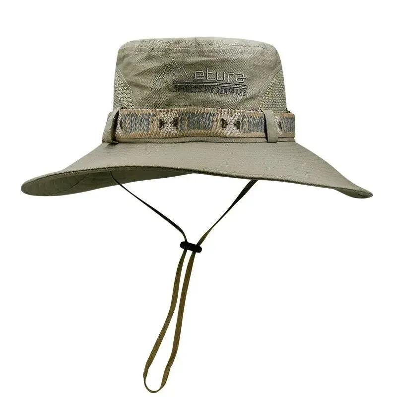 Cappello a secchiello da uomo con tesa larga, protezione UV, stile Panama in rete, cappello da sole per pesca all'aperto, escursionismo, campeggio