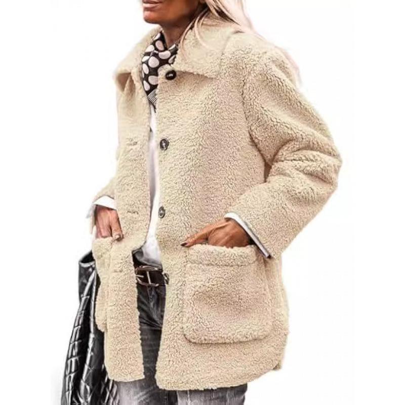 Lamb Wool Coat for Women Long Sleeves Turndown Collar  Medium Length Cotton Jacket Solid Color Warm Comfortable Autumn and Winter