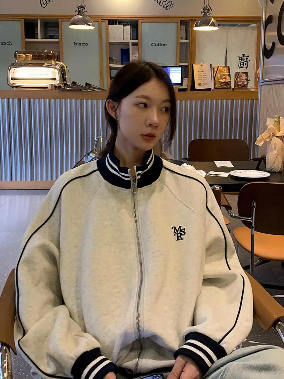 Women s Stand Collar Zip Up Baseball Jacket Loose Fit Color Striped Vintage American College Casual Long Sleeve Sweatshirt Coat M