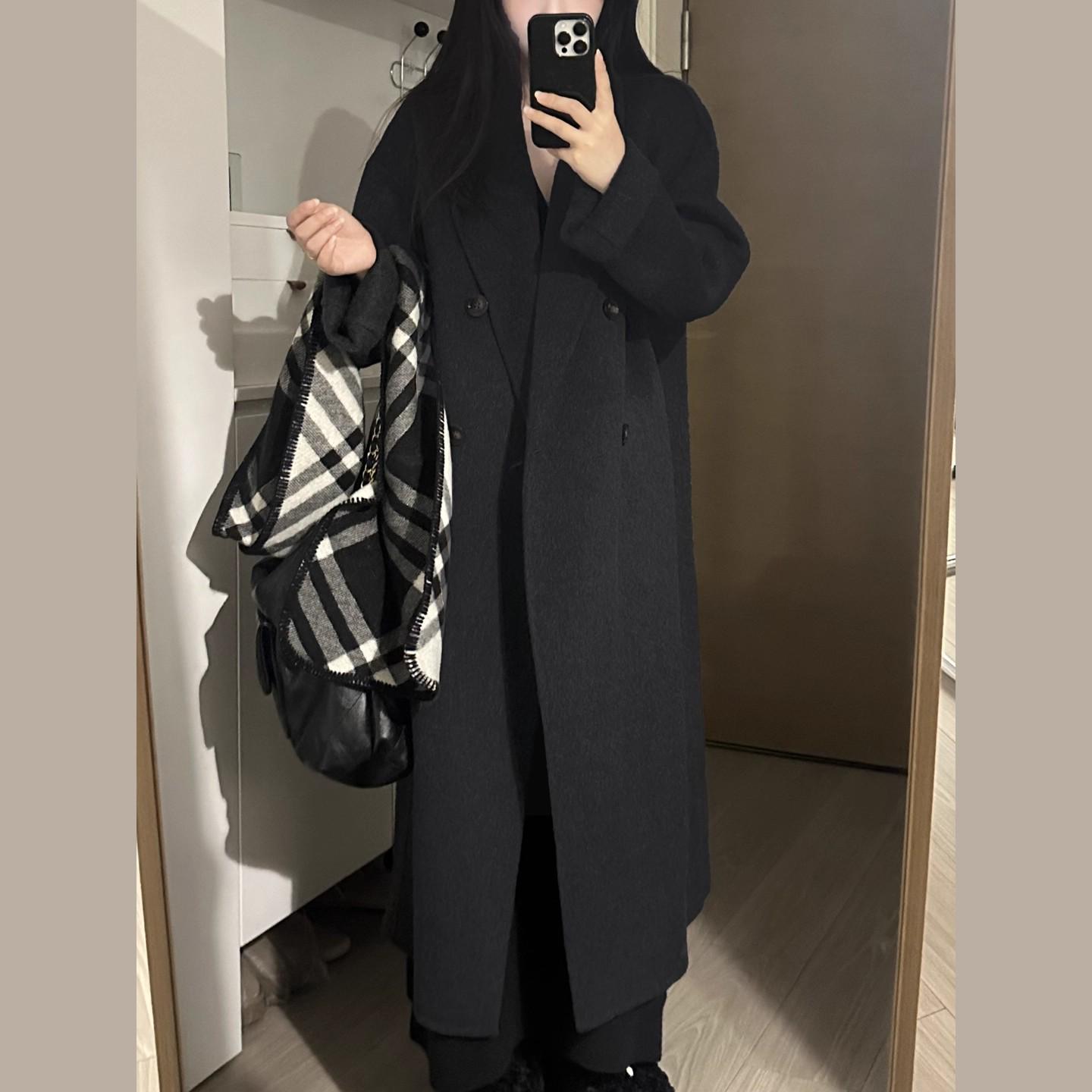 

Women s Black-Grey Wool Tweed Coat, Mid-Length, 2025 Autumn/Winter, Korean Style, High-End Feel. 2XL