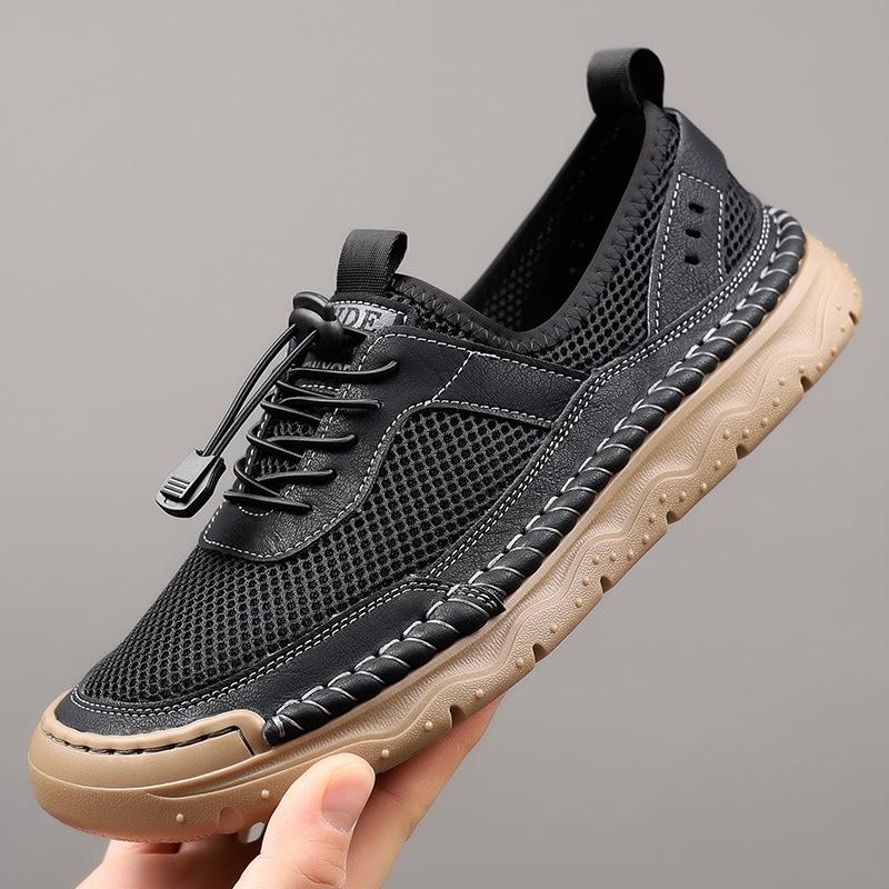 2025 summer breathable casual shoes men's mesh leather hollow hole shoes daily versatile hand-sewn sandals