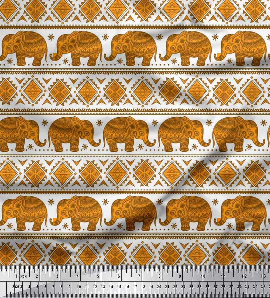 Soimoi Japan Crepe Satin Fabric Aztec & Tribal Elephant Ethnic Print Sewing Fabric Metre 42 Inch