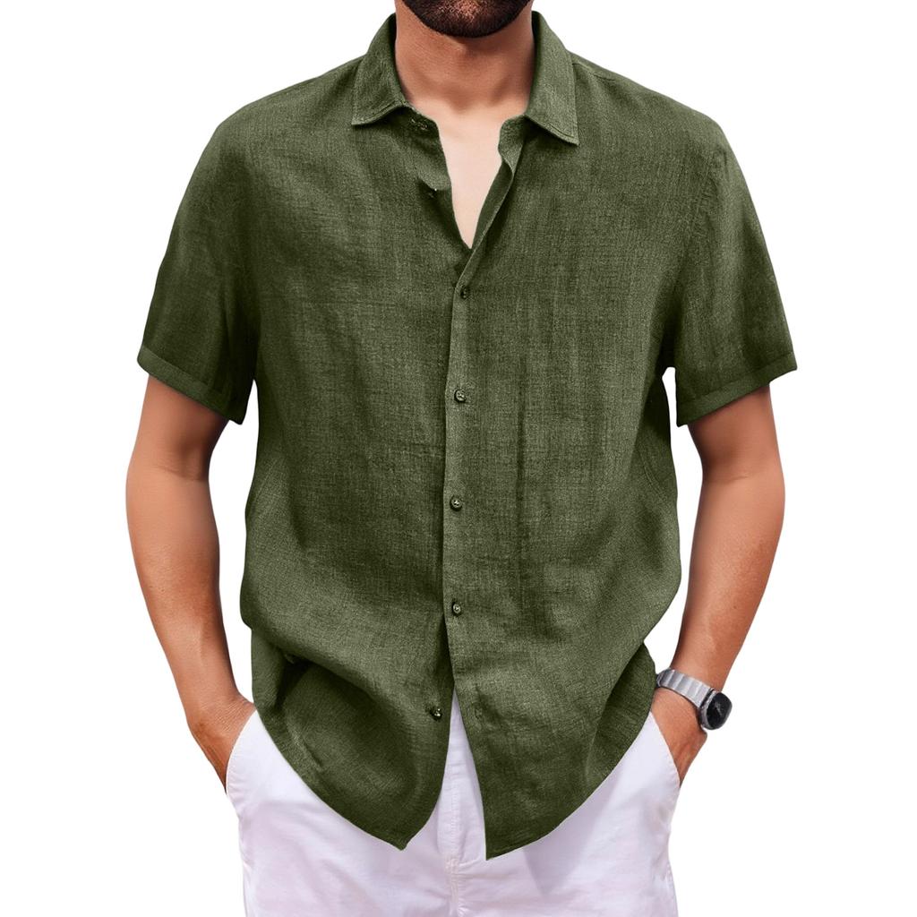 Spring Summer Men's Casual Cotton Linen Color Short Sleeve Shirts Loose Shirts