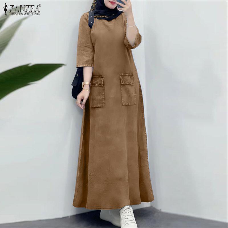 ZANZEA Women Casual Round Neck Loose Long Sleeve Retro Long Dress