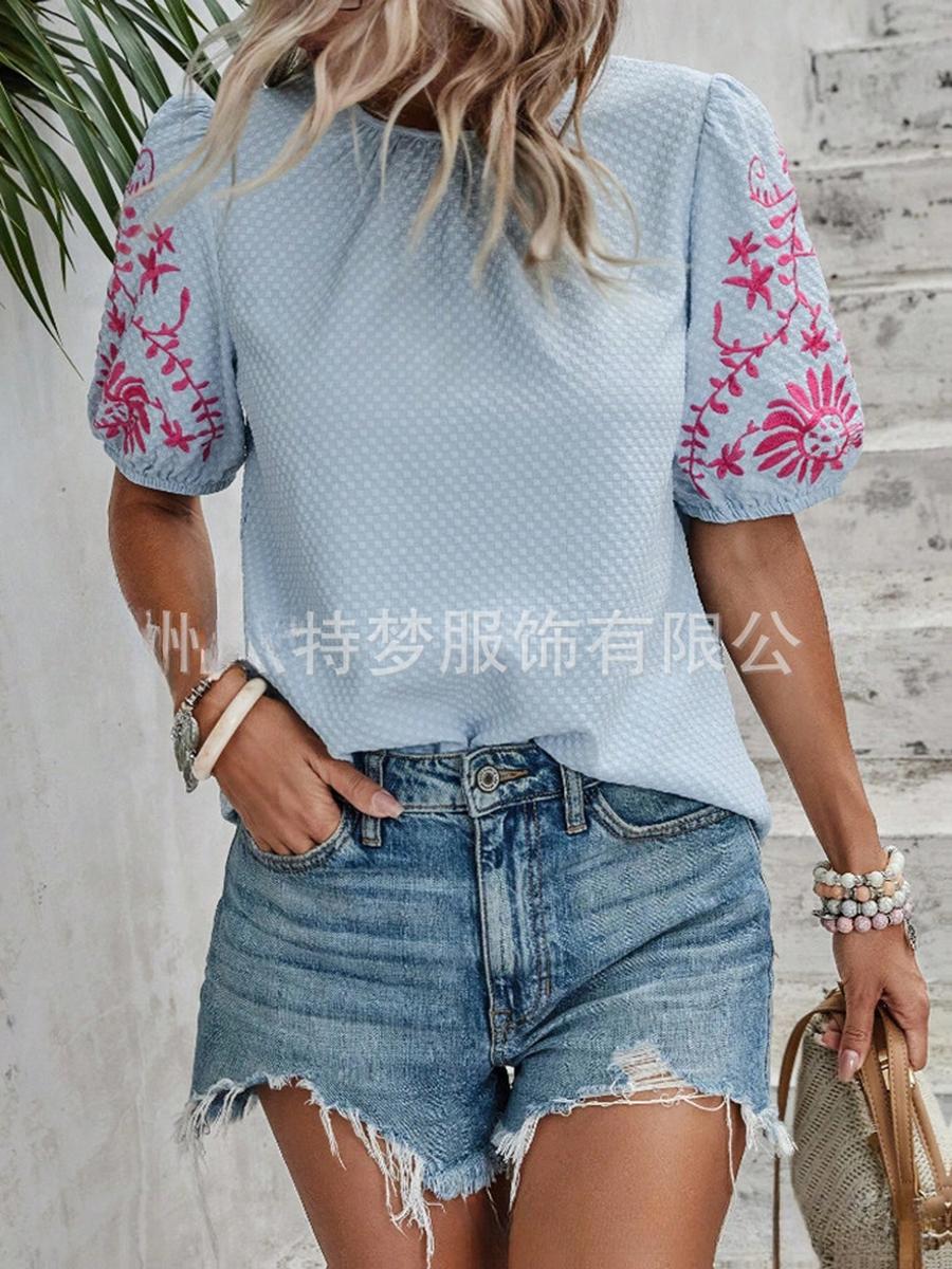 Women s Summer New Embroidered Crew Neck Bubble Sleeve Short Sleeve Shirt Top S синий