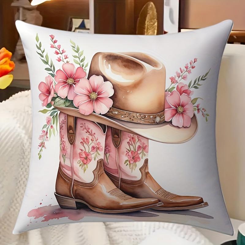 1 Piece A Pair Of Boots With Hat Theme, Square Pillowcase, Printed Material Suitable For Home Office, Sofa, Single Side Printing