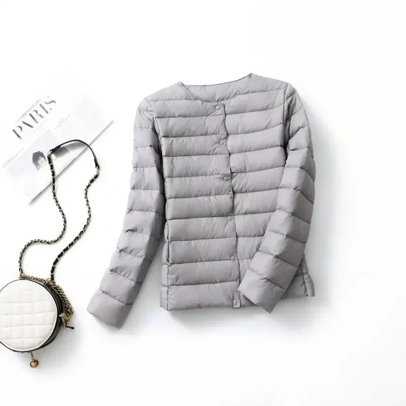 Mulheres Forro Duck Down Jacket O-neck Variável V-neck Feminino Outono Primavera Outono Sem Gola Leve Acolchoado Puffer Coat