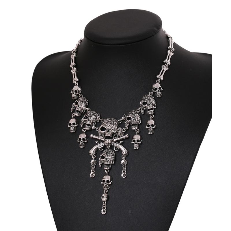 Halloween Pirate Skull Necklace Unisex Personality Skeleton Pendant Bones Chain Alloy Choker Women Jewelry Accessories