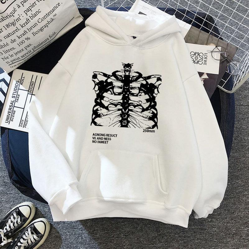 Hoodie Pocket Long Sleeve Streetwear Black Tops Skeleton Print Grunge Gothic Oversized Men Women Hoodie Streetwear Women's Men's Sweatshirt