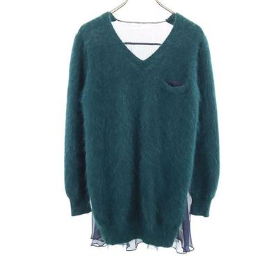 Long Sleeve Switching V-neck Sweater Green Knit Women Used