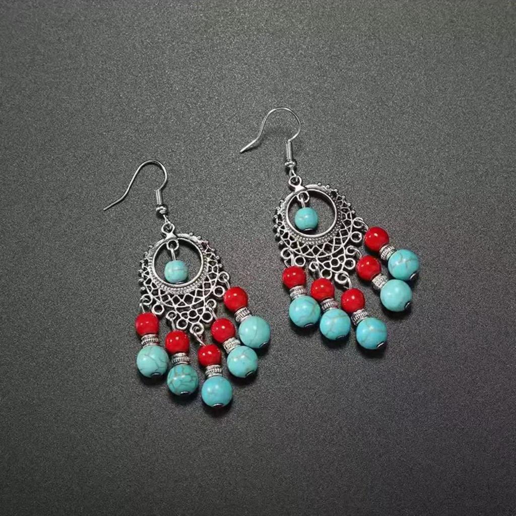 Bohemian Turquoise Owl Dream Catcher Tassel Earrings for Women