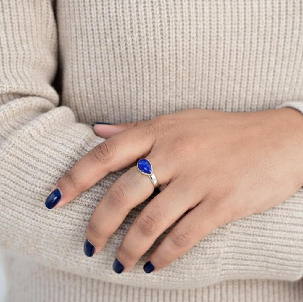 Natural Lapis Lazuli Ring In 925 Sterling Silver, Minimalist Boho Stacking Ring, Handmade Jewelry