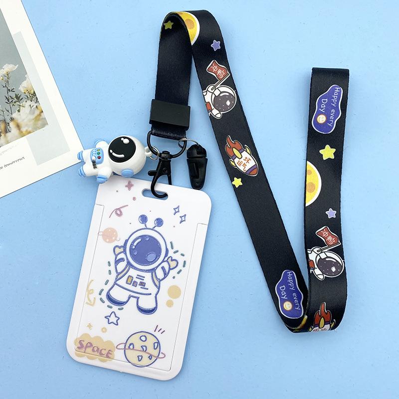 Women Men Work Card Cover White Astronaut Pattern Business Name Card Badge Holder Bus Access Guard Credit Card Case with Lanyard