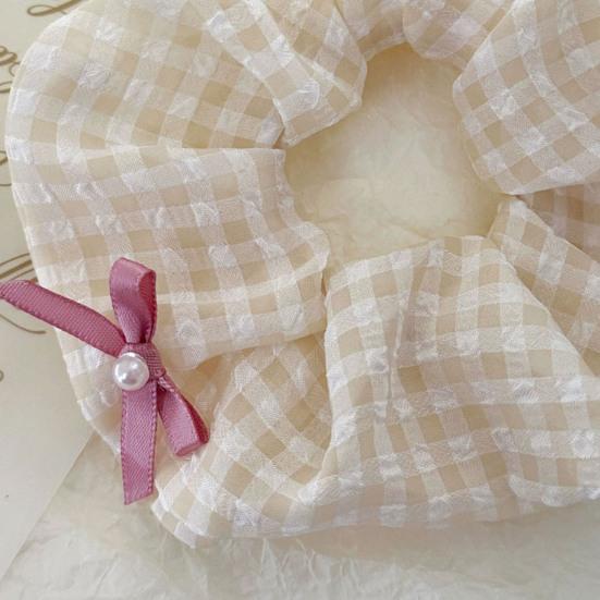 Plaid Hair Scrunchies No Crease Frizz Control Faux Pearl Bow Hair Ties No Damage Rubber Band Ponytail Holder Women Girls Hair Accessories