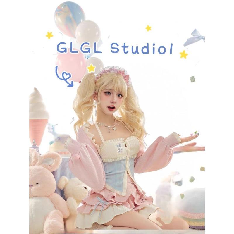 Noua culoare dulce contrastantă Lolita Set două piese femei mozaic atârnat gât piept top + cardigan scurt roz + fundă fustă tort costum fată