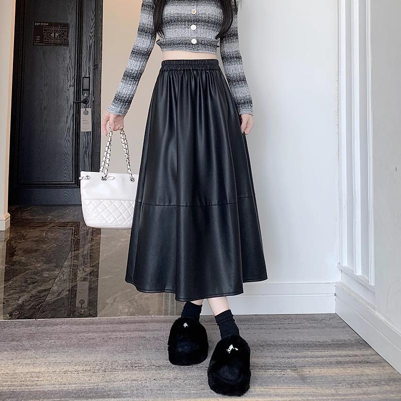 2024 Autumn/Winter New PU Leather Mid-Length Skirt - Versatile, Fashionable, Elastic Waist Umbrella Skirt for Women