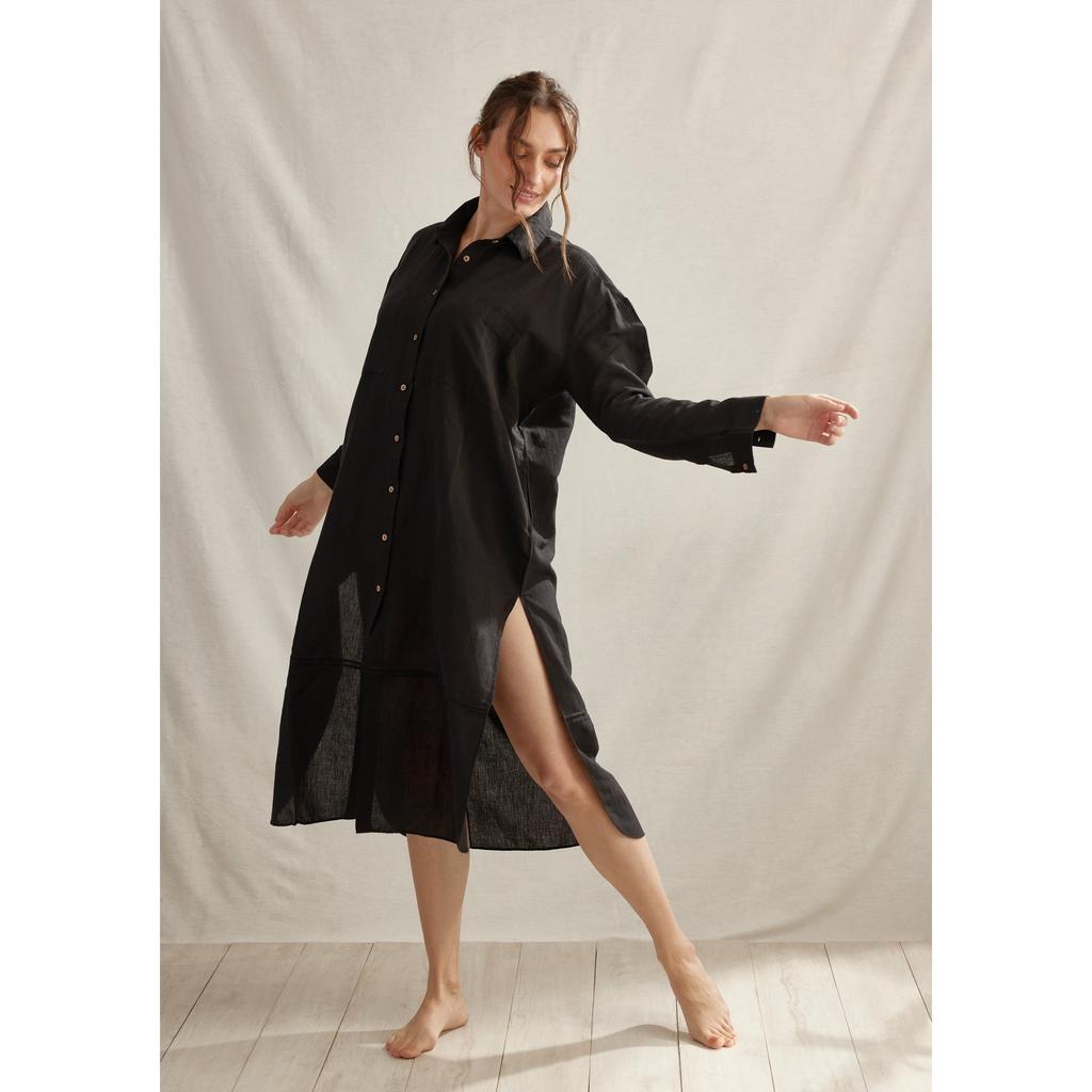 Vestido Camisa de Lino Plisado para Mujer Casual Largo Cuello Solapa