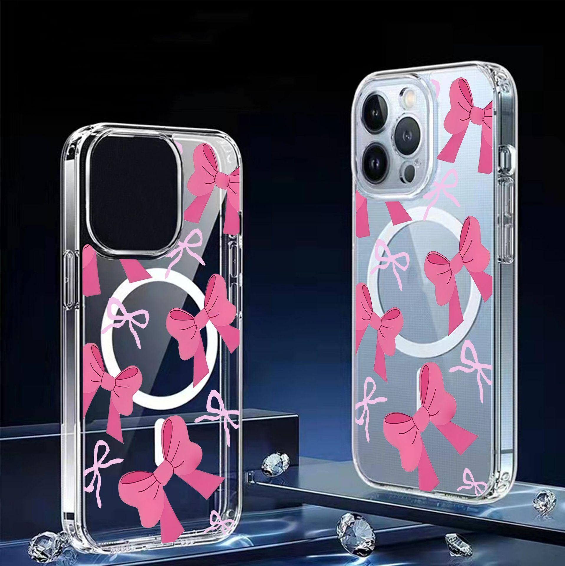 Pink Bow Magnetic Transparent Full Coverage Case for iPhone 15/16/17 Pro Max iPhone 16 Plus