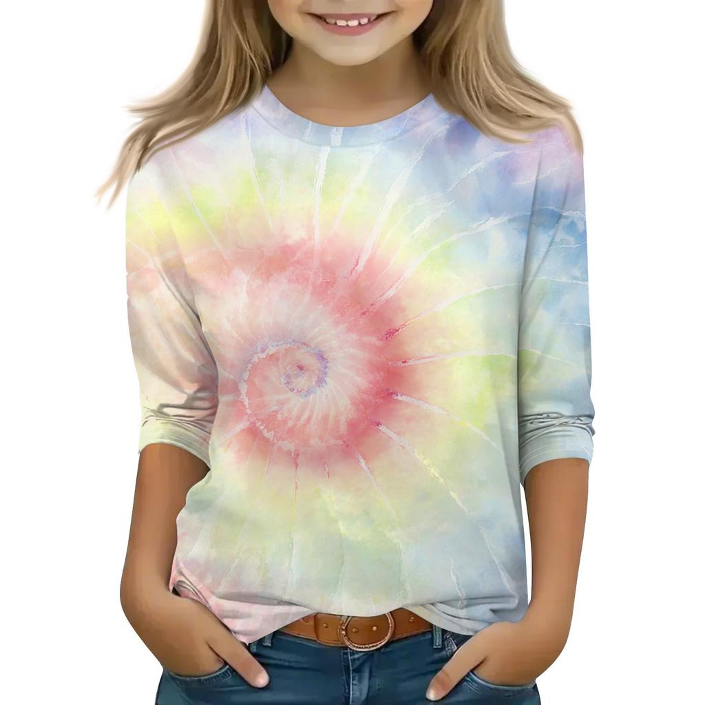 Print Tops For Youth Girls Round Neck 3/4 Sleeves T-Shirts Trendy Tops Outfit Tees