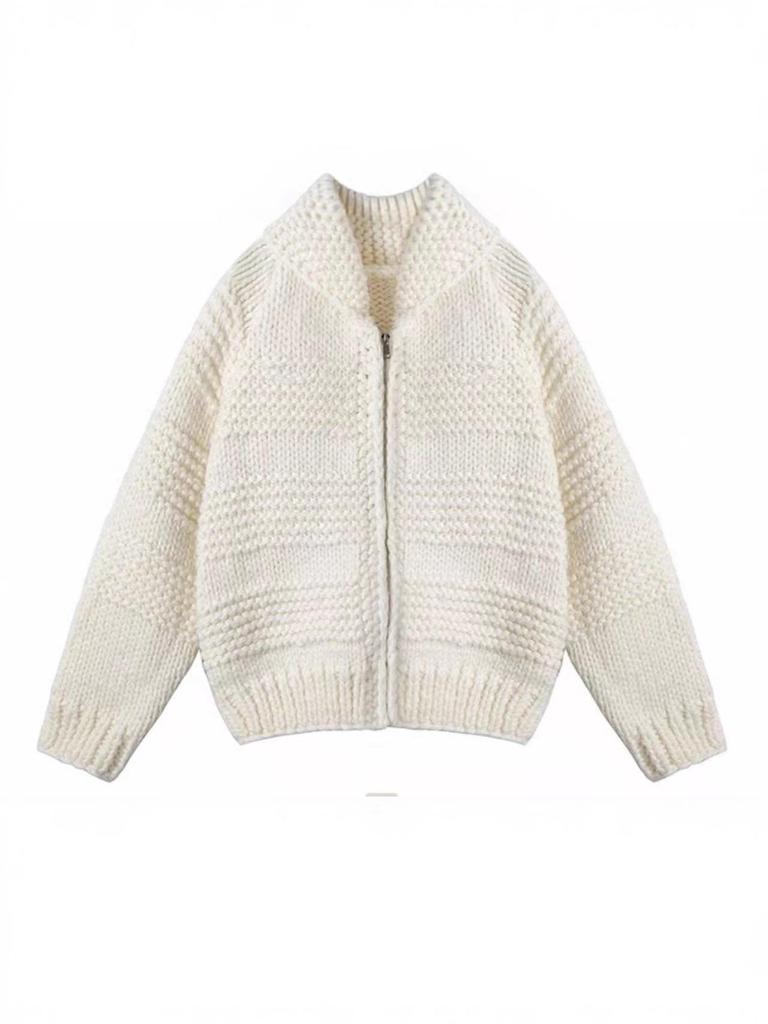Women's High Neck Zip-up Chunky Knit Cardigan - Japanese & Korean Style (Autumn/Winter)