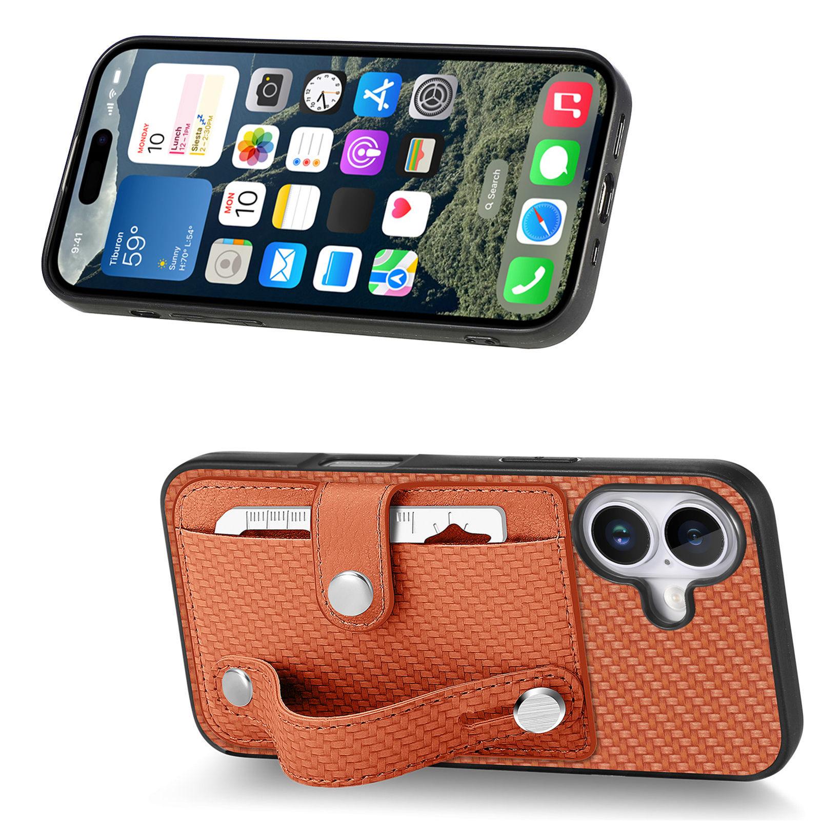 

C1-01 For iPhone 16 Case Wristband Anti-Drop Leather Back Cover with Card Holder, Card Knife