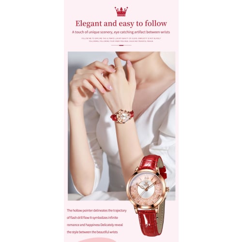 OLEVS Women's Watch Set - Easy-to-Read Bracelet Watch - Premium Stainless Steel - Calendar, 3 ATM Water Resistance, Luminous Gold/Silver (Red)