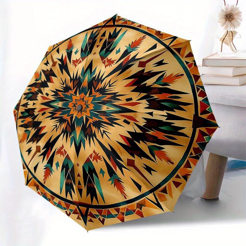Bohemian Mandala Runder Teppich, Lebendiger Teppich mit ethnischem Muster für Wohnzimmer-Dekoration Regenschirm, Niedlicher Regenschirm mit süßem Design, Tragbarer 3-fach Kompakter Regenschirm
