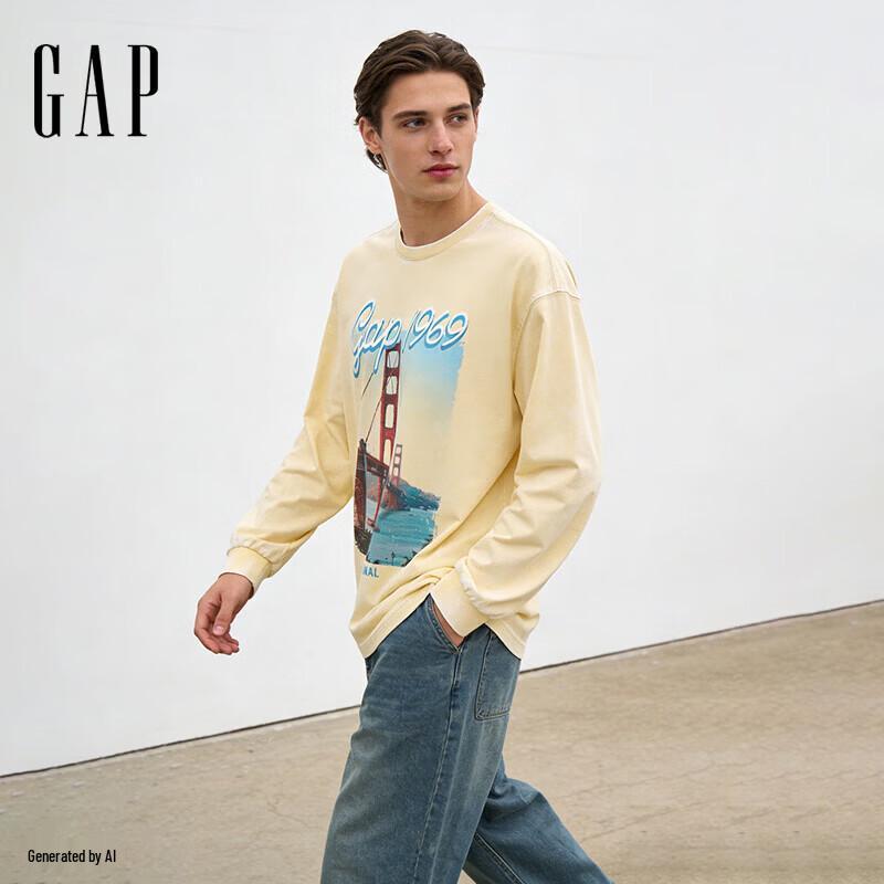 GAP Unisex Vintage Washed Print Long-Sleeve T-Shirt M
