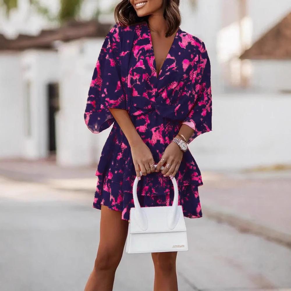 Autumn 2023 V-Neck Batwing Sleeve Print Dress for Women
