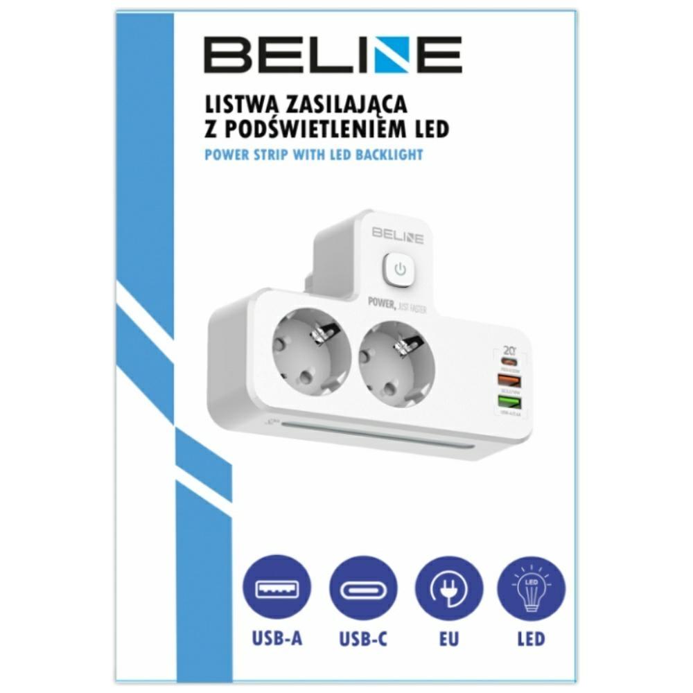 Listwa zasilająca Beline z LED 2xUSB-A/USB-C/2xAC Biała