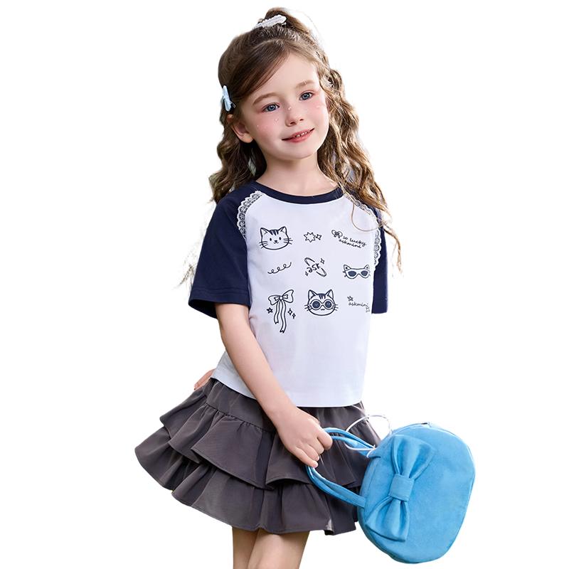 ASK JUNIOR Girls  Cute Spliced Lace Short Sleeve T-Shirt 130