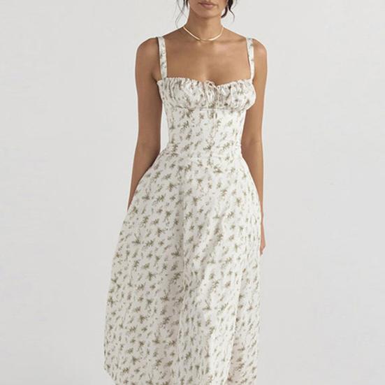 Ladies Dress Low-cut Backless Sleeve Flower Print High Tight Waist High Split Summer Midi Dress Party Prom Beach Dress