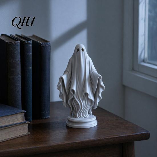Gothic Style Home Accent Ghost Statue, Resin White Figurine, Spooky Halloween Decoration with Durable Art Flowing Robe And Base for Mantel,